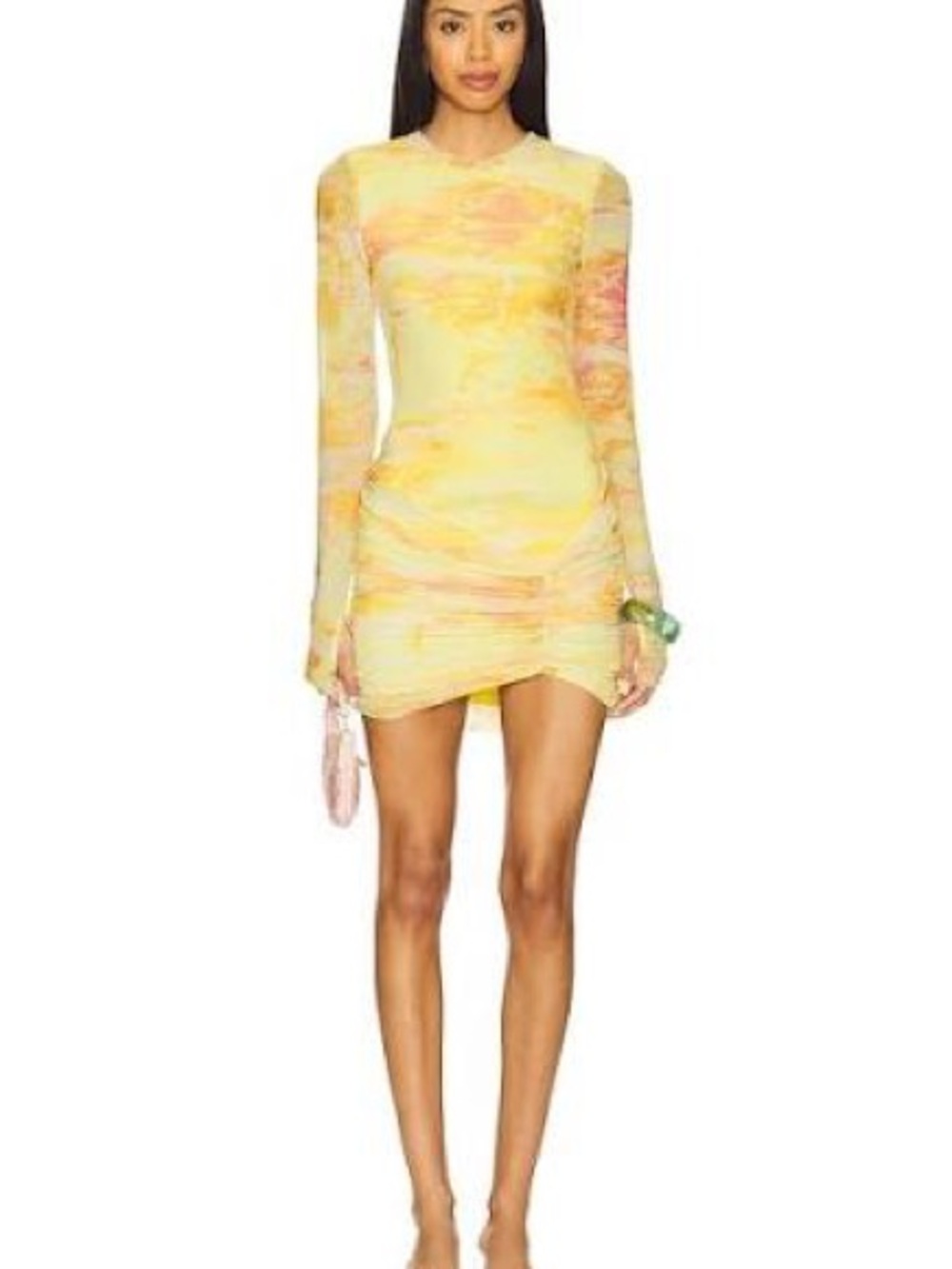 AFRM Yellow Orange Abstract Print Long Sleeve Ruched Mini Mesh Dress - WORN ONCE